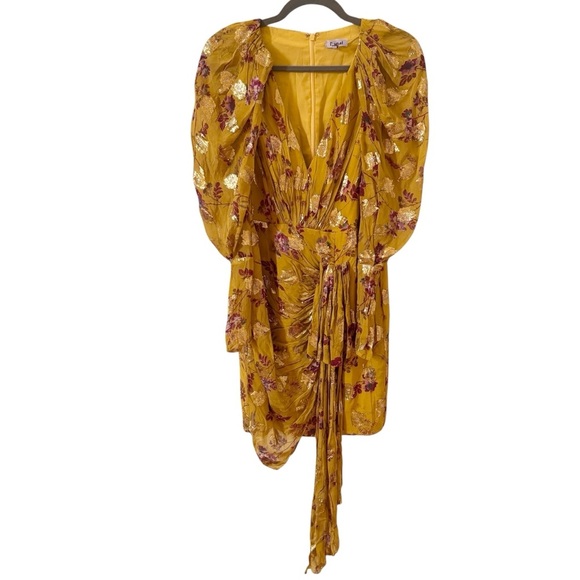 Flor et. al Cocktail Mini Dress Ruffle Floral Yellow Metallic Sz 4 - Picture 4 of 12